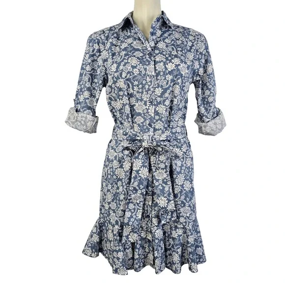 CHAPS Women's Floral Shirt Dress Button Front Ruffle Roll Tab Sleeve Blue Medium - Picture 2 of 14